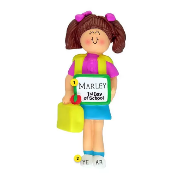Clearance Personalized 1St Day Of School Ornament - Female, Brown Hair School Days