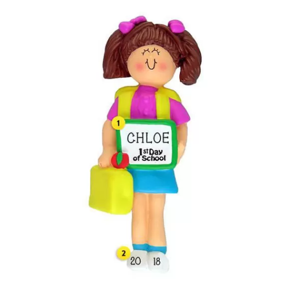 Clearance Personalized 1St Day Of School Ornament - Female, Brown Hair School Days