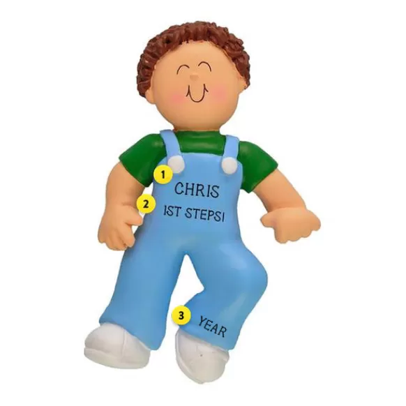 Online Personalized Baby's 1St Steps Ornament - Male, Brown Hair Growing Up