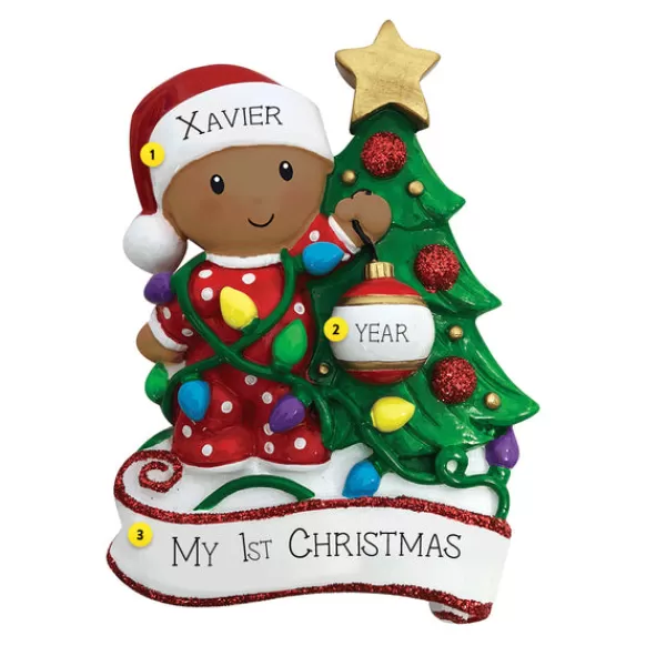 Best Personalized Baby's First Christmas Decorating The Tree Ornament - African American Growing Up
