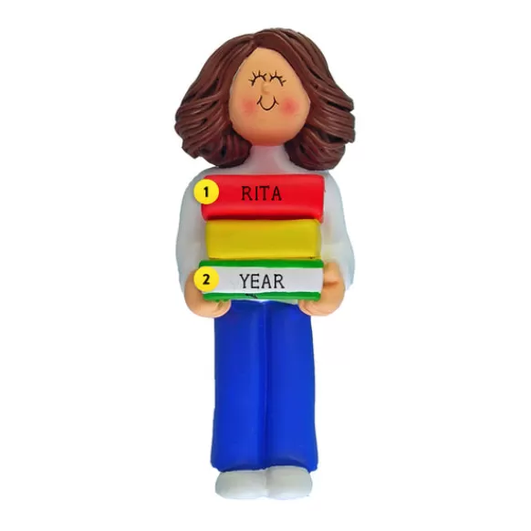 Sale Personalized Book Reader Ornament - Female, Brown Hair School Days