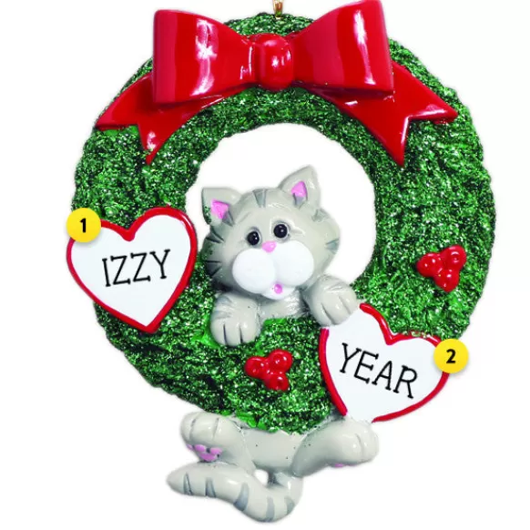 Hot Rudolph & Me Personalized Cat Wreath Ornament - Grey Tabby