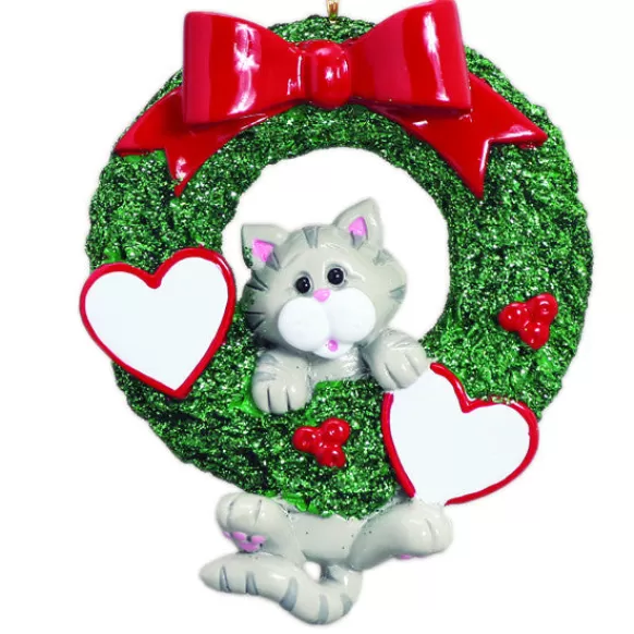 Hot Rudolph & Me Personalized Cat Wreath Ornament - Grey Tabby