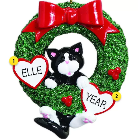 Clearance Rudolph & Me Personalized Cat Wreath Ornament - Tuxedo