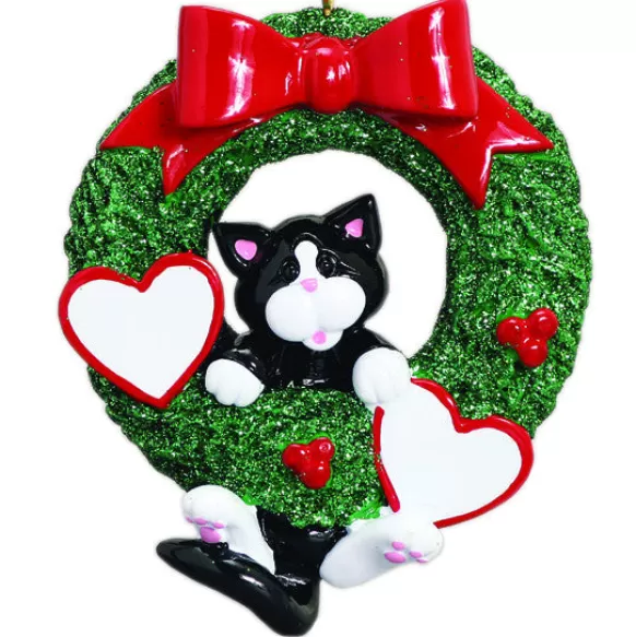 Clearance Rudolph & Me Personalized Cat Wreath Ornament - Tuxedo