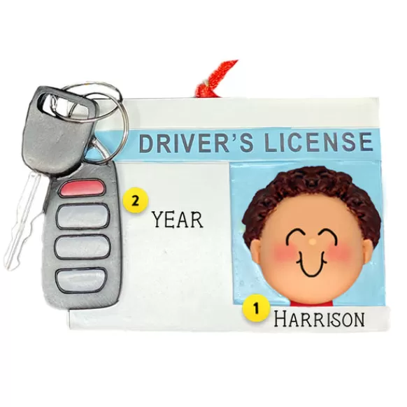 Best Sale Personalized Driver's License With Key Fob Ornament - Male, Brown Hair New Drivers