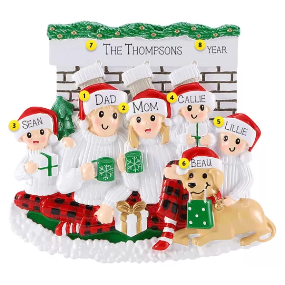 Cheap Personalized Fireplace Family Of 5 With Dog Ornament Home & Housewarming