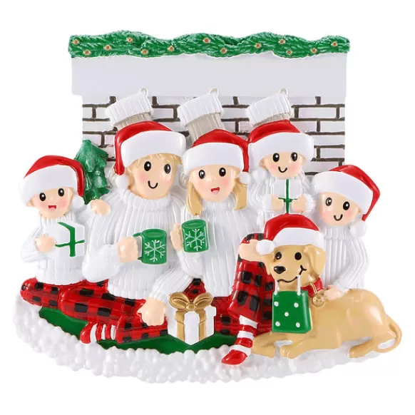 Cheap Personalized Fireplace Family Of 5 With Dog Ornament Home & Housewarming