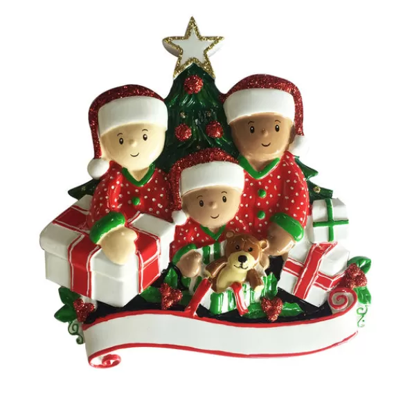 Best Sale PolarX Personalized Interracial Family Of 3 Opening Presents Ornament