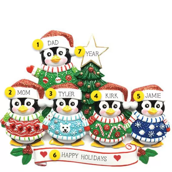 Best Sale PolarX Personalized Penguin Family Of 5 Ugly Sweater Ornament