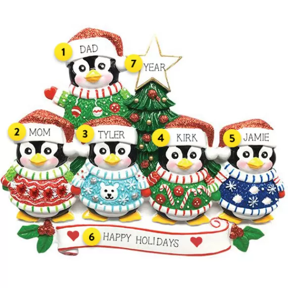 Best Sale PolarX Personalized Penguin Family Of 5 Ugly Sweater Ornament