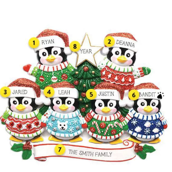 Best Sale PolarX Personalized Penguin Family Of 6 Ugly Sweater Ornament