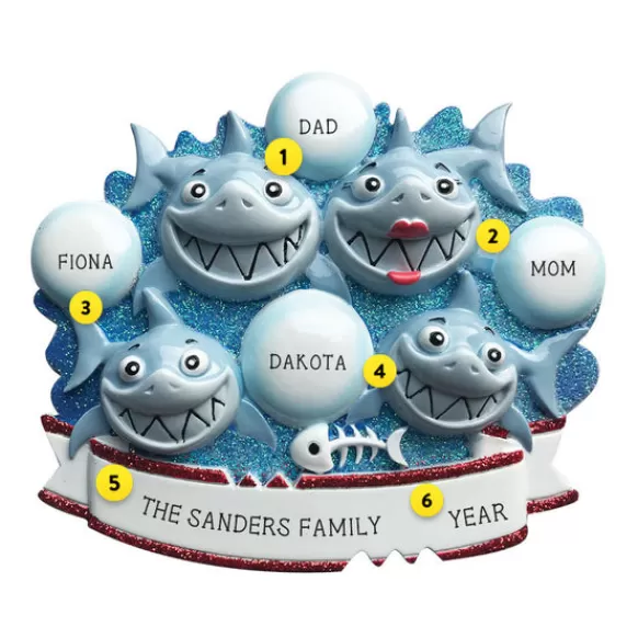 Store PolarX Personalized Shark Family Of 4 Ornament