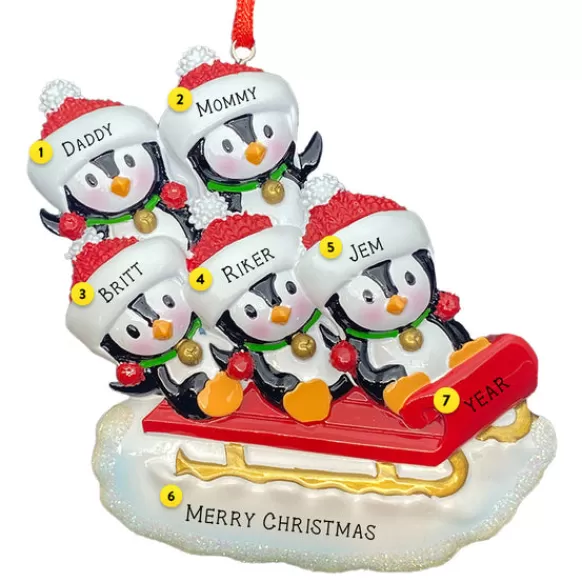 Best Sale PolarX Personalized Sledding Penguin Family Of 5 Ornament