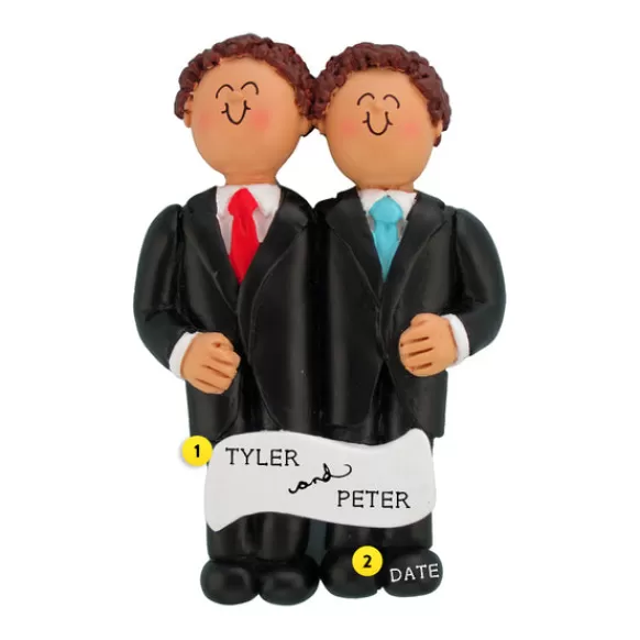 Best Sale Personalized Wedding Couple Ornament - Two Brown-Haired Grooms Engaged, Wedding, & Anniversary